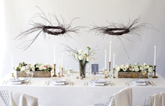 Branches centerpieces, candle sticks, table numbers, white linens, reception, candelabra, brass, gold, silver, winter wedding,