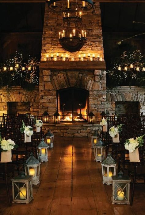 Fireplace wedding, rustic country venue, candle lit ceremony, stone fireplace, centerpieces, aisle